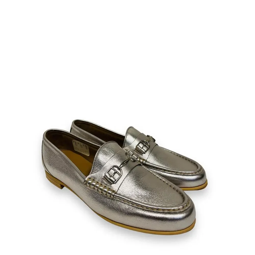 BALLY Silver Metallic Leather Manoela Buckle Accent Slip-On Loafers Flats 37 -7 - Picture 7 of 11